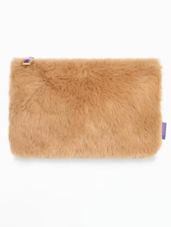 NWOT Ipsy Tan Faux Fur Makeup Bag with Purple Gemstone Zipper Pull - Picture 1 of 1